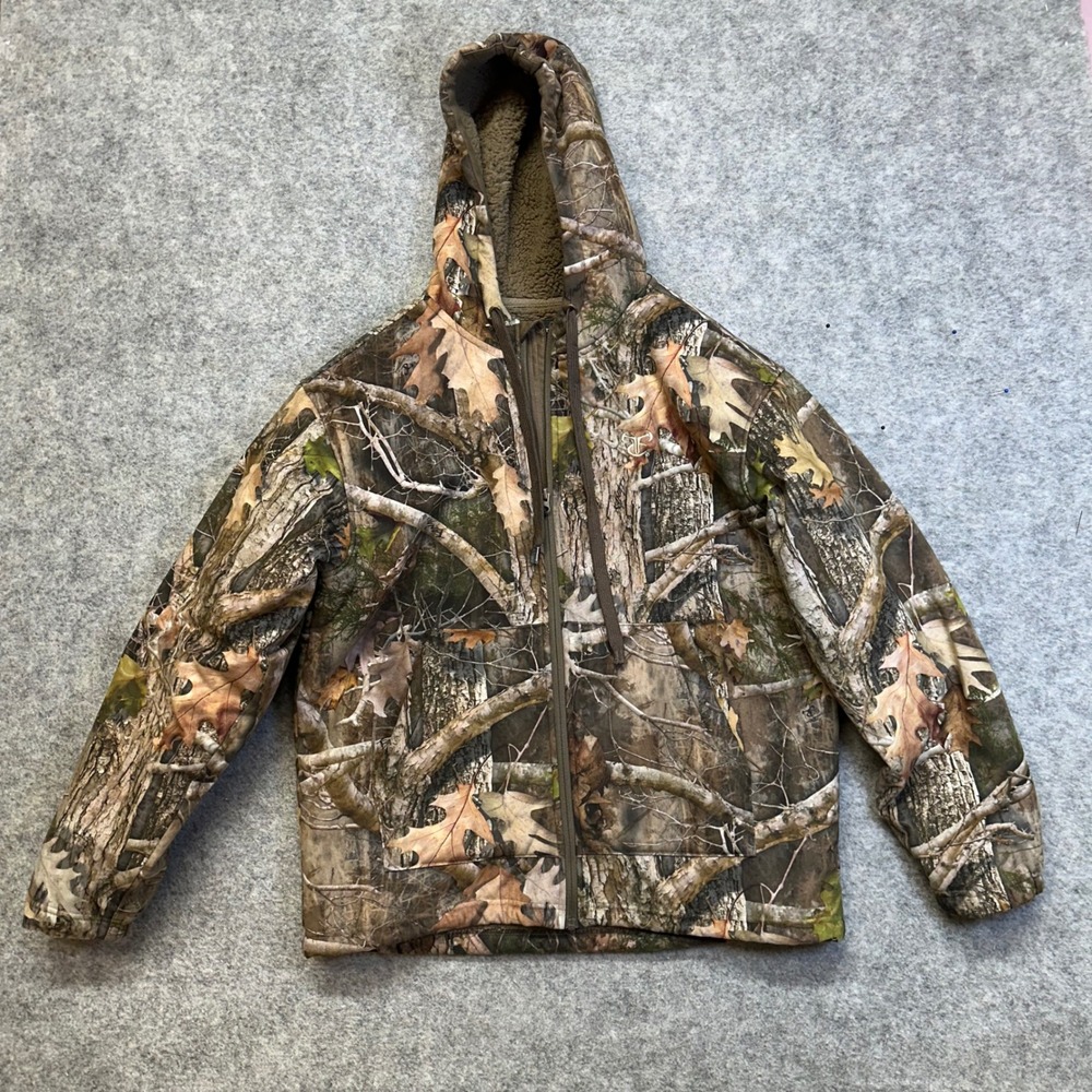 Game Winner Camo Hooded Jacket Mens Size M Brown Real Tree Sherpa Lined Zip Up